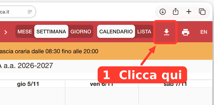 Barra rossa dell'orario con l'icona di download evidenziata in alto a destra