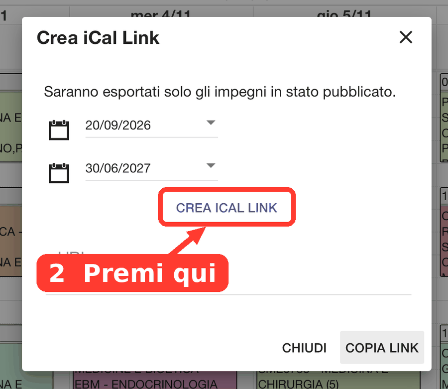 Finestra Crea iCal Link con il pulsante CREA ICAL LINK evidenziato