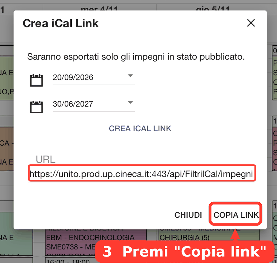 Finestra con il link creato e il pulsante COPIA LINK evidenziato