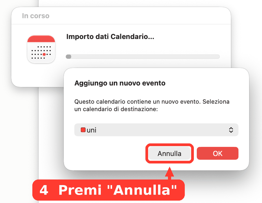 Finestra del Calendario del Mac con il pulsante Annulla evidenziato