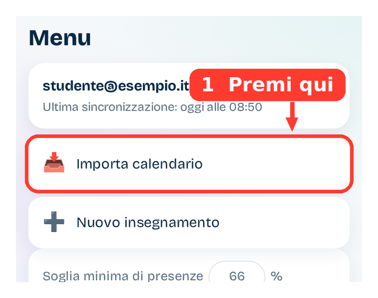 Menu di InAula con il pulsante Importa calendario evidenziato