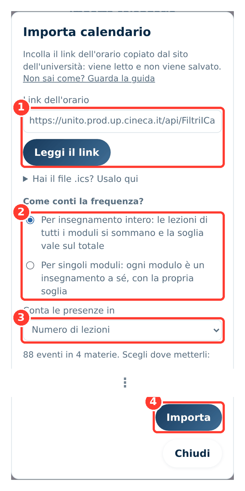 Finestra Importa calendario con quattro punti numerati