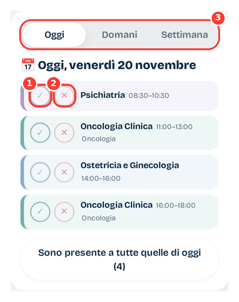 Schermata Oggi con le lezioni della giornata, i pulsanti presente e assente e il selettore del periodo evidenziati